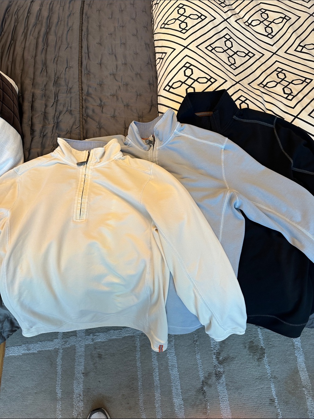 Three Tommy Bahama Men's 1/4 Zips in Light Grey, Light Yellow, and Black. Med.